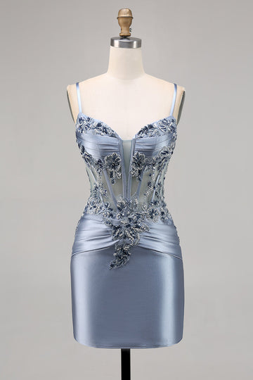Grey Blue Beaded Corset Cocktail Dress with Appliques